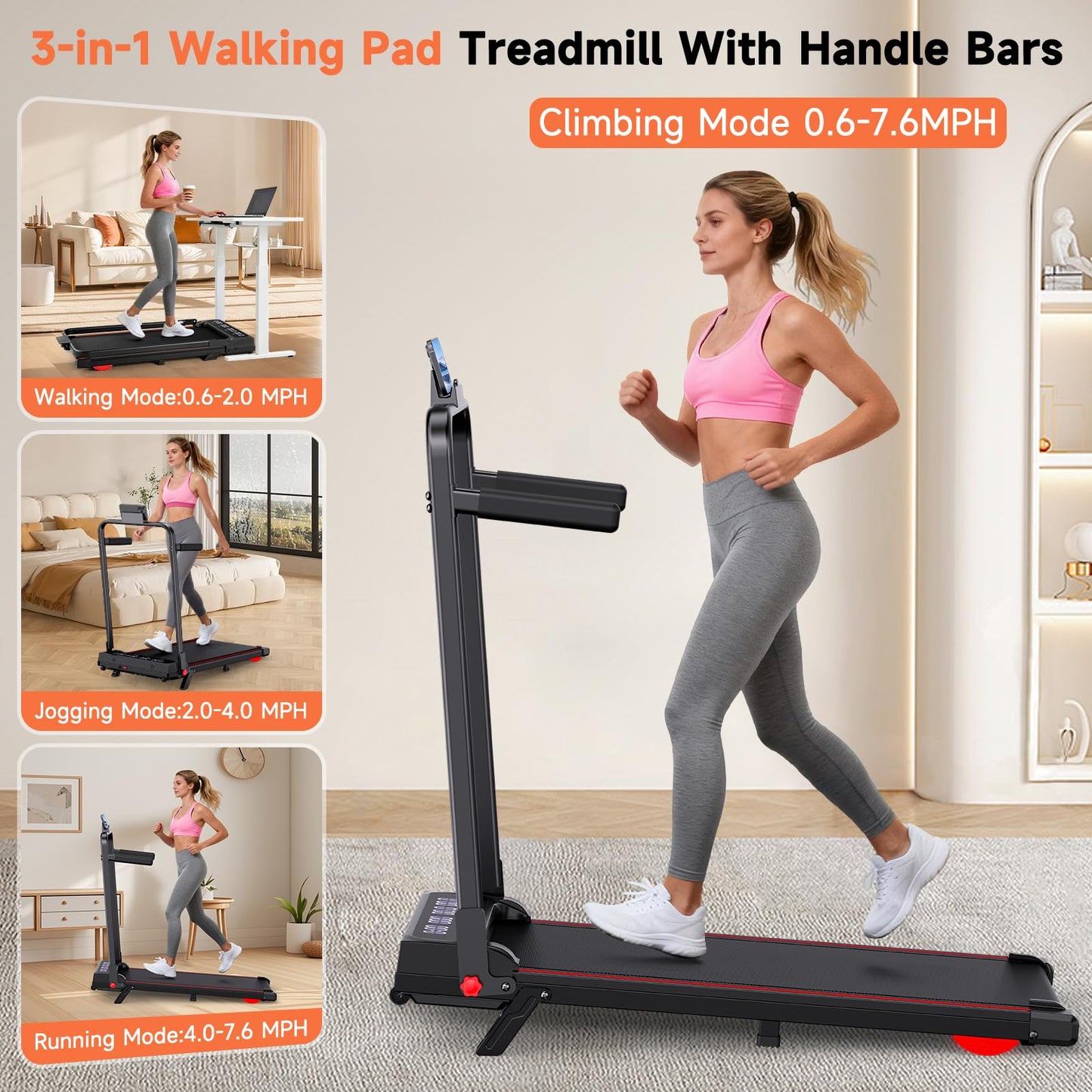 3-in-1 Walking Pad with Handle Bar, 9% Incline Portable Treadmills for Home Small Space,Under Desk Treadmill with 300lbs Capacity, Compact Designed with LED Screen Display,Remote Control