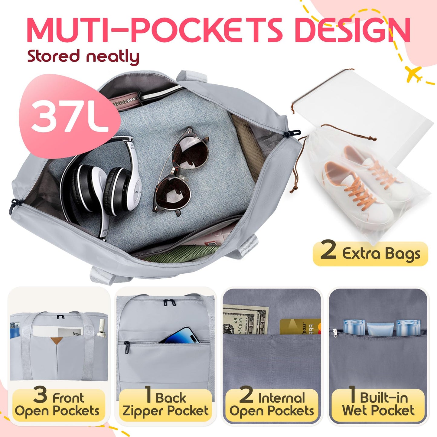 Magimack Duffle Bag for Travel, Carry-on Travel Bag with Trolley Sleeve, Sport Gym Bag for Women, Overnight Bag for Men, Hospital Bag for Labor and Delivery (Grey)