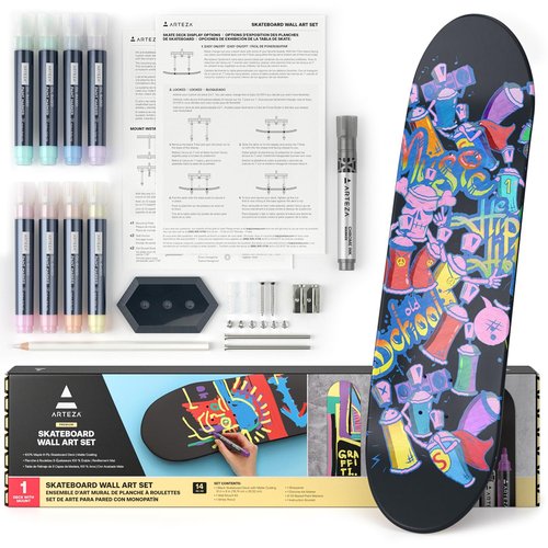 ARTEZA Customizable Skateboard Deck Art Kit – 31"x8" Matte Coated Maple Deck with Display Mount, Chrome Marker, White Pencil, Oil-Based Paint Markers & More