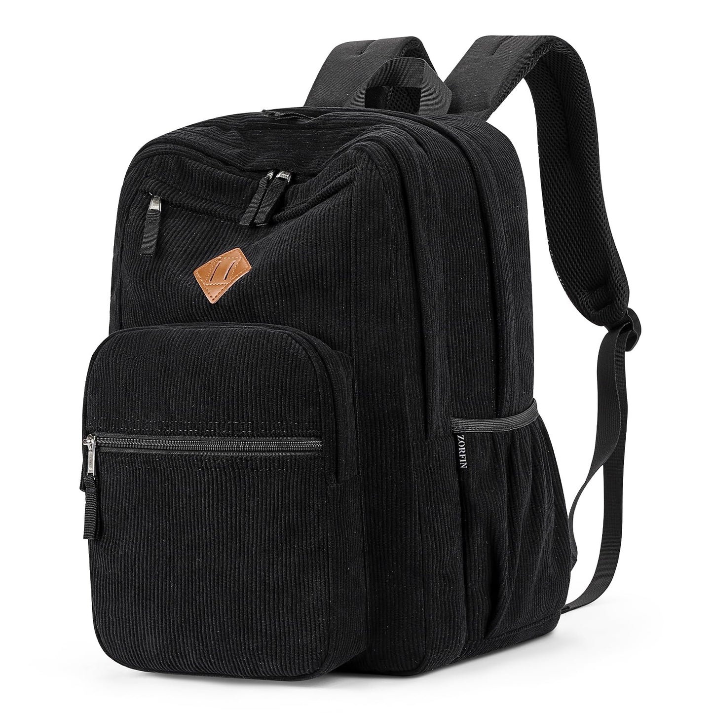 ZORFIN 26L Backpack for College, and Travel: Corduroy Bookbag - Black