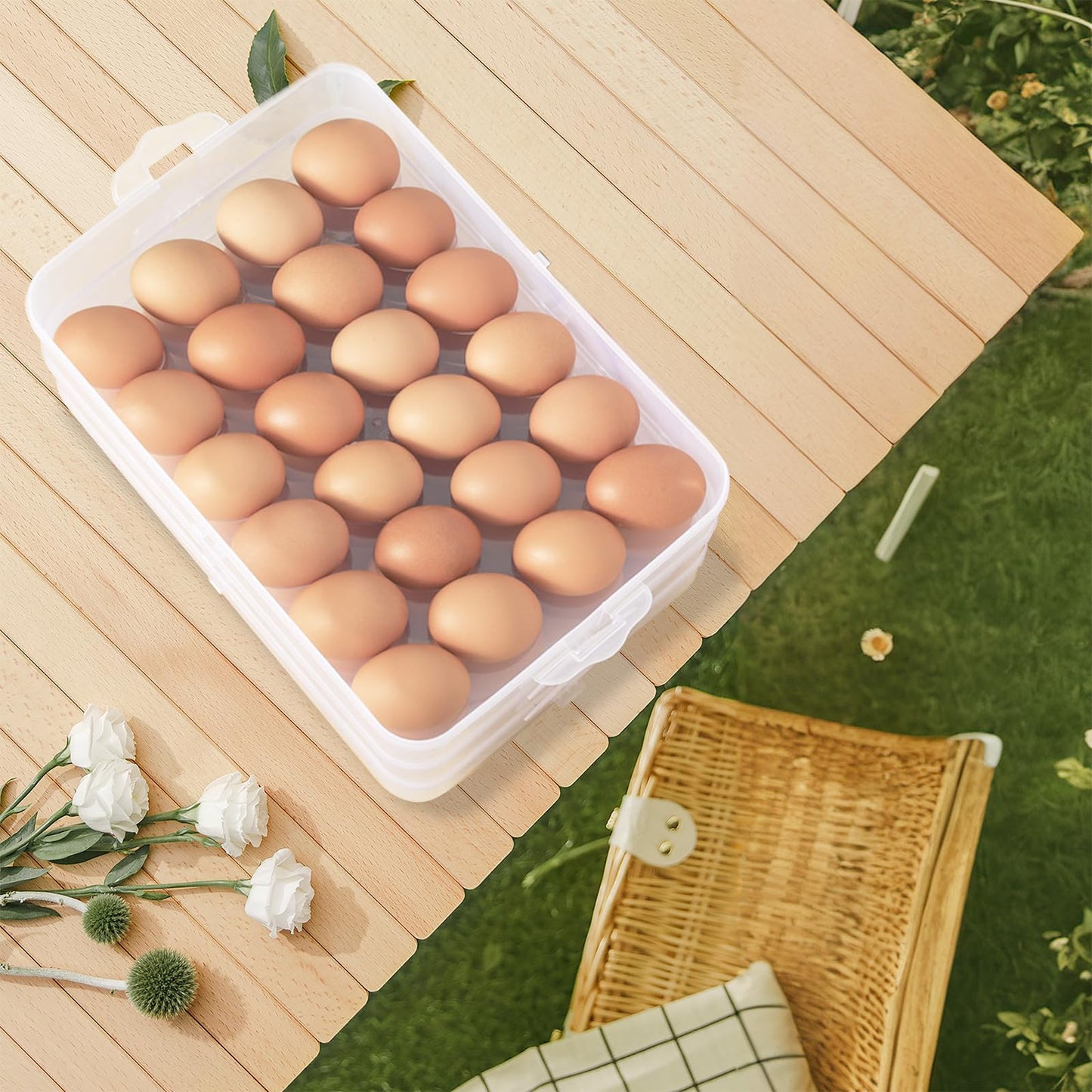 Jnnzzggu Egg Holder for Refrigerator,3-Layer Deviled Egg Tray with Lid,Plastic Stackable Egg Container with Handle for Kitchen,Keep Fresh(72 Eggs)