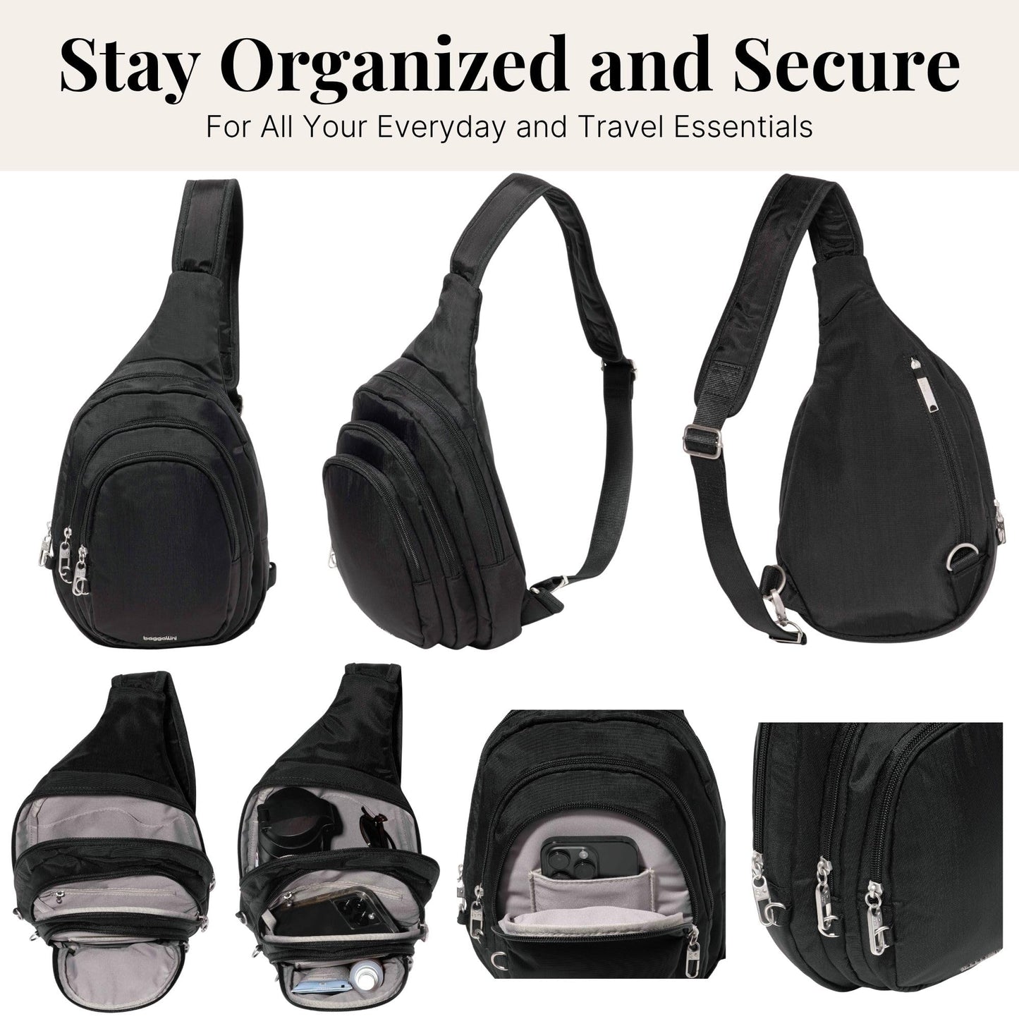 Baggallini Securtex® Anti-Theft Multi Zip Sling - Lightweight 8.6"x15.2" Travel Bag with Locking Zippers & RFID Protection