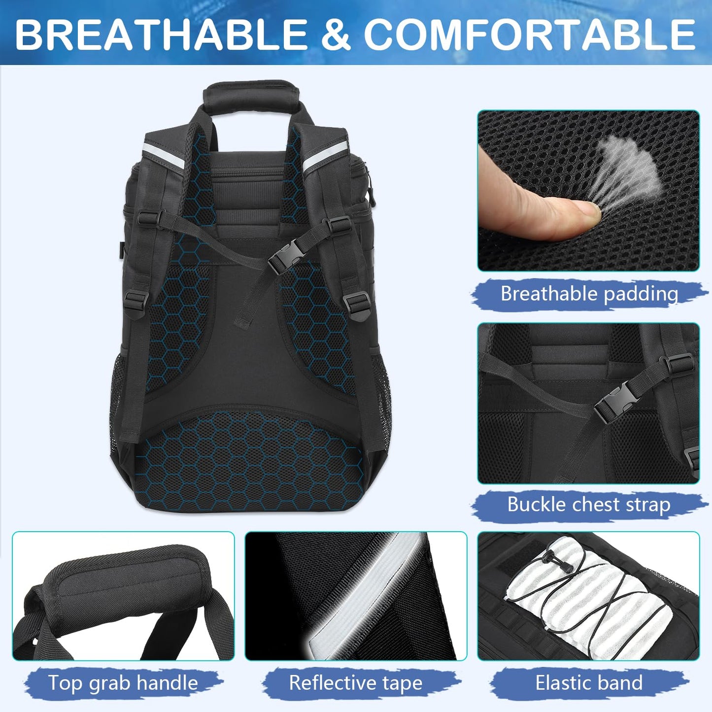 BISKLNDN Tactical Cooler Backpack - 42 Cans Backpack Coolers Insulated Leak Proof for Men & Women, Soft Cooler Insulated Backpack for Lunch, Work, Camping, Hiking, Picnic, Beach & Travel, Black
