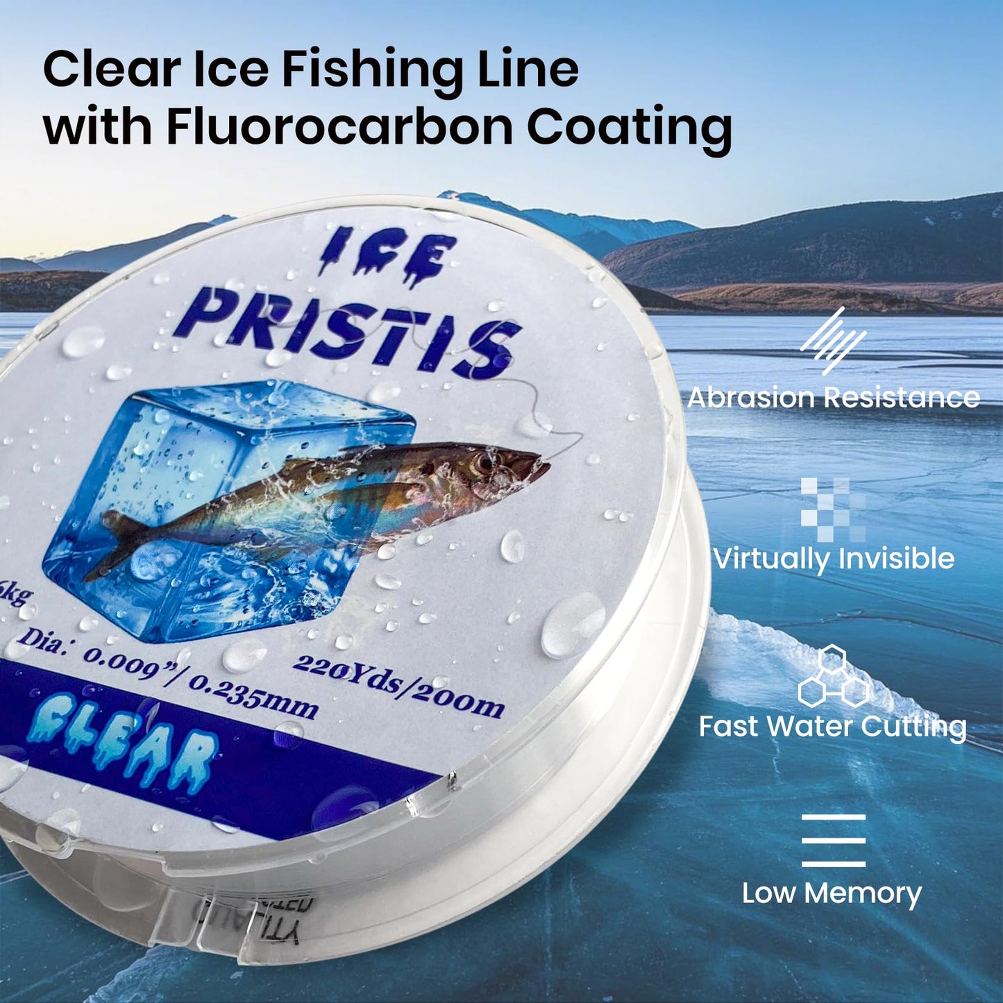 Pristis 2 LB Fluorocarbon Coated Ice Fishing Line, 220 Yds Clear Abrasion Resistant Copolymer High Strength Nylon Line with Spool, Superior No Freezing Low Memory Premium Quality Saltwater Freshwater