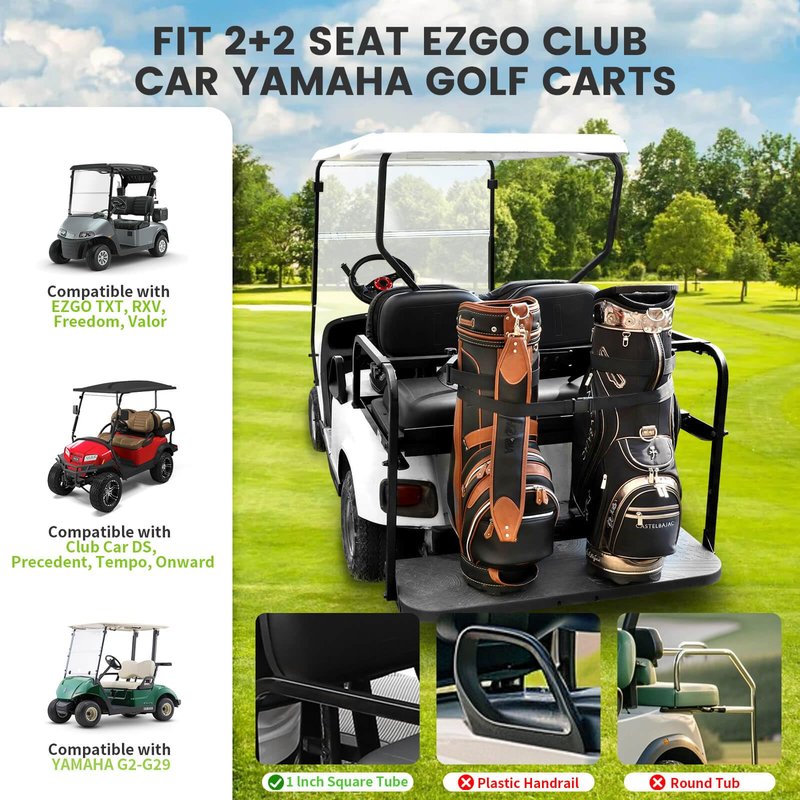LEAPGOMAX No Drilling Golf Cart Bag Holder Fit for 2+2 Golf Cart Rear Seat with 1 Inch Square Tube, Universal Golf Cart Rear Seat Bag Holder Attachment Adjustable for EZGO Club Car Yamaha Golf Carts
