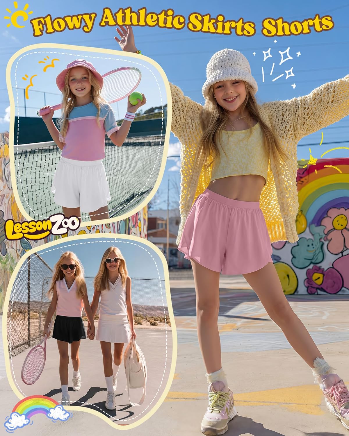 Skiennix Girls' Athletic Shorts - 2-in-1 Flowy Butterfly Skirts | Quick Dry High Waist with Pockets - 4 Pack