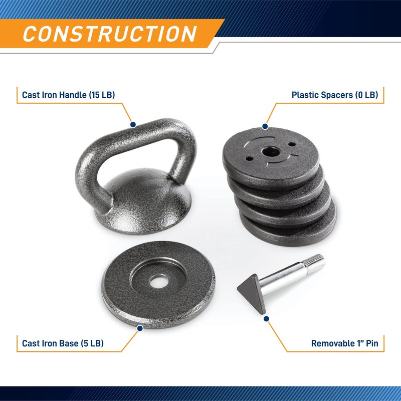 Apex Adjustable Heavy-Duty Kettlebell Weight for Strength Training and Weightlifting, Ideal Home Gym Equipment, Cast Iron, Grey APKB-5009