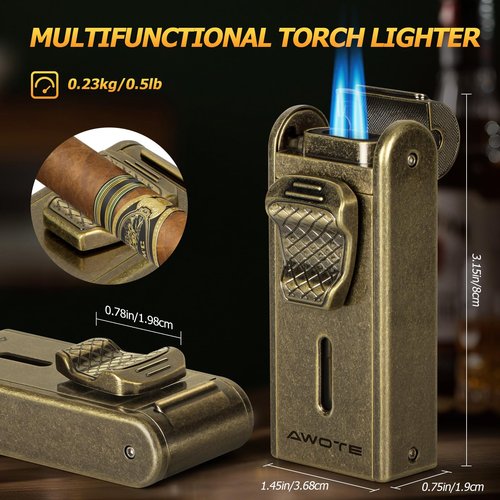 Torch Lighter with Adjustable Dual-Flame, Built-in Cigar Punch, Holder, Cutter, Windproof Refillable Butane Lighter for Smoking, Gift for Men