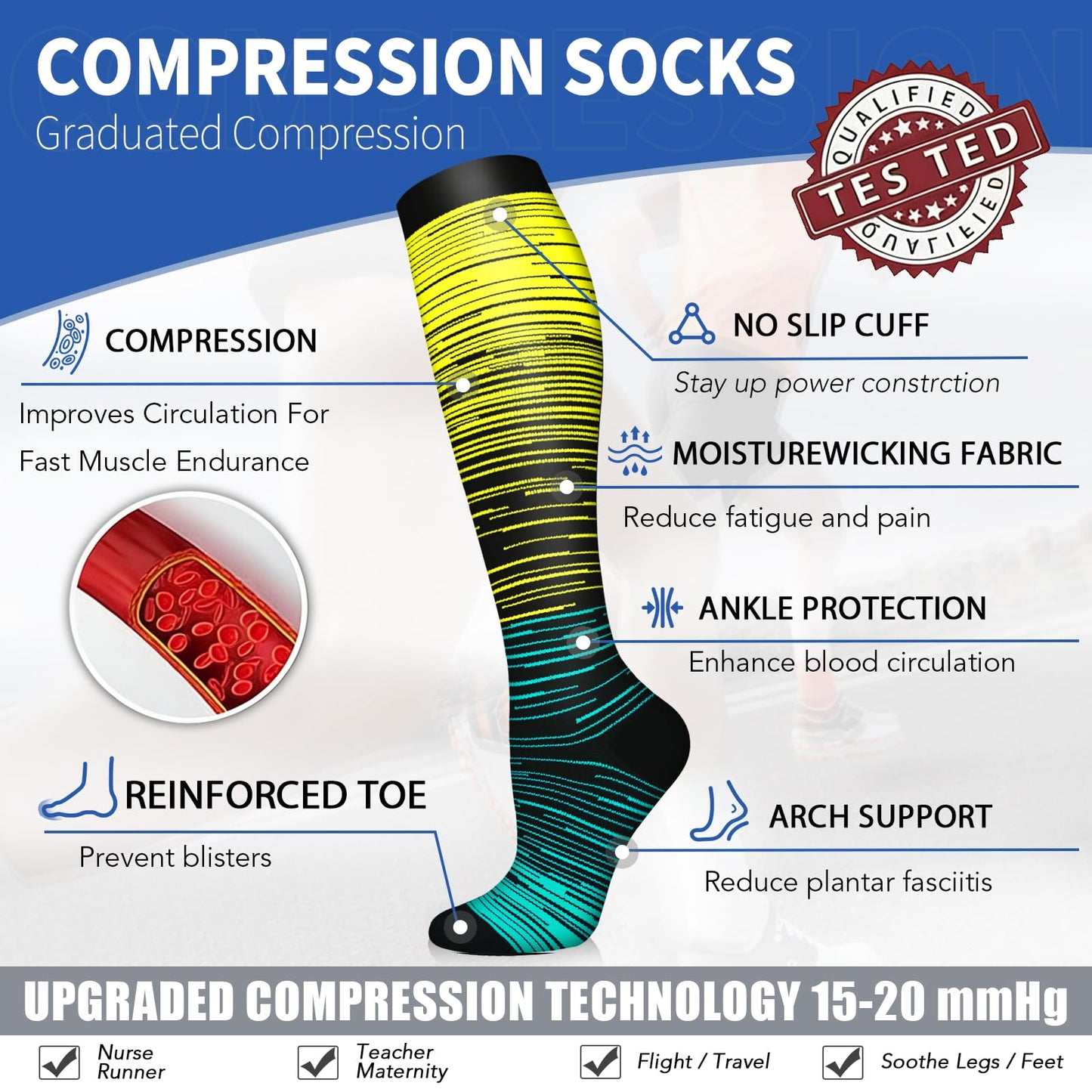 Graduated Medical Copper Compression Socks for Men & Women Circulation 8 Pairs 20-30mmHg - Best for Running Athletic Cycling