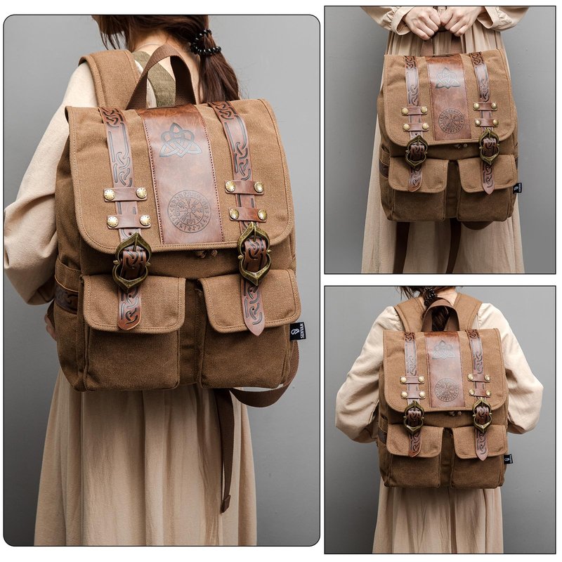 SV SENVAN Medieval Renaissance Backpack –Viking Medieval Canvas Bag for LARP, Travel & Cosplay with Metal Hardware