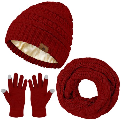 KUTTOR Winter Beanie Hat Scarf Gloves Set Warm Knit Fleece Touchscreen Gloves Neck Scarf Set Adult Winter Gift for Men Women