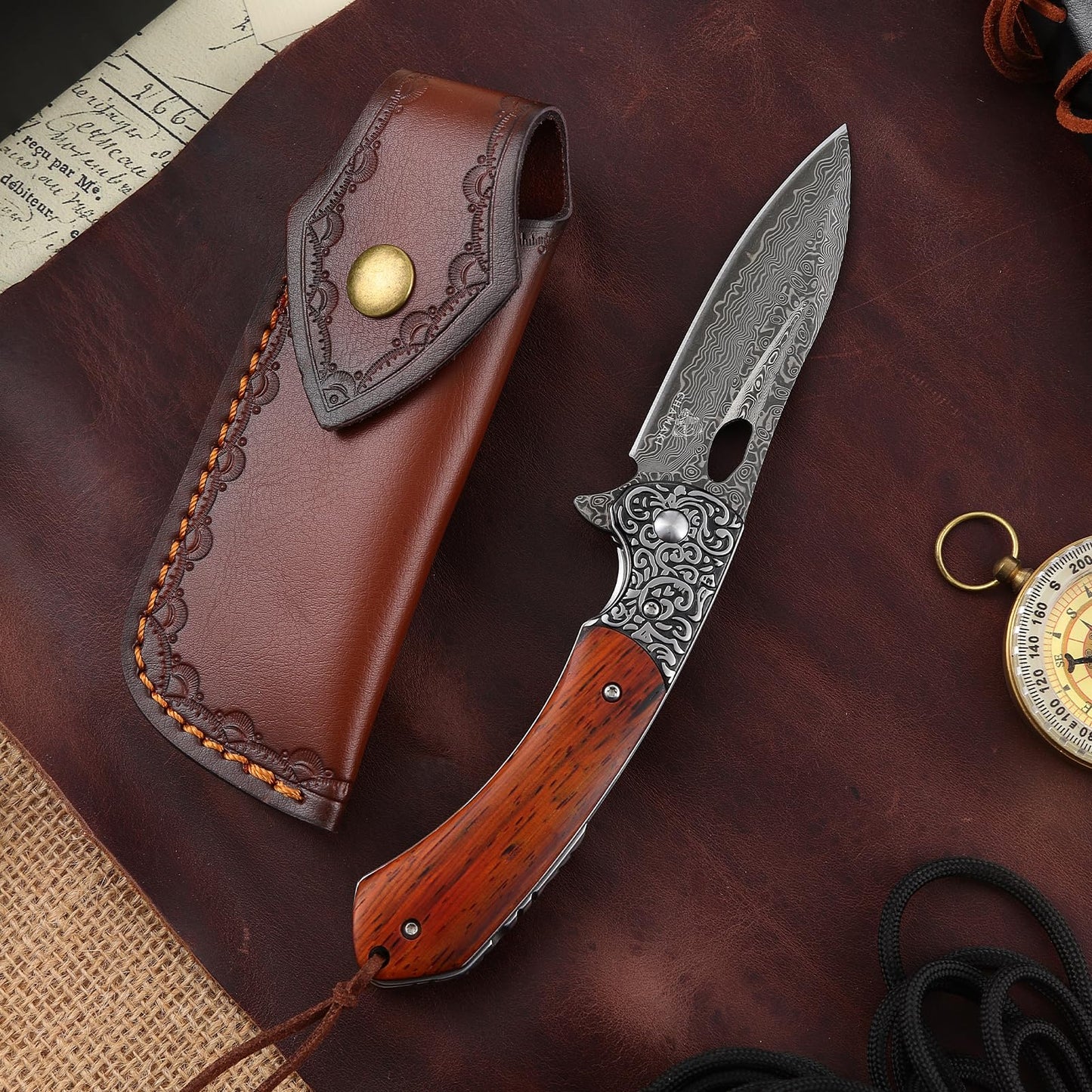 Damascuse Steel Pocket Knife with Leather Sheath - Fashionable Design Sandal Wood Handle 76 Layers VG10 Manual Damascus Folding Knife Sandel Wood Handle Collect Strong and Elegant Outdoor Pocket Knife