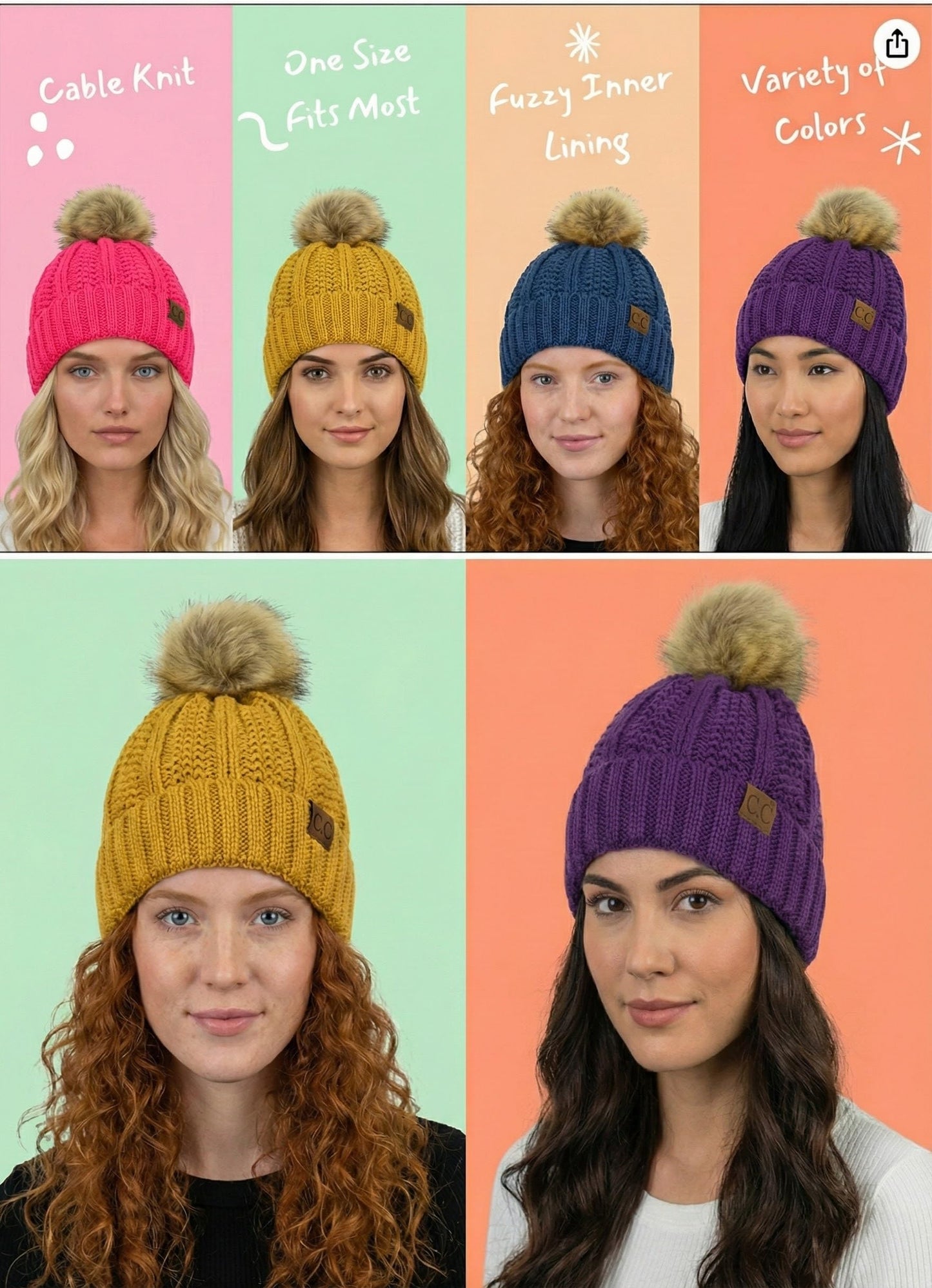 C.C Beanie Women’s Cozy Chenille Pom-Pom Hat — Warm Fashionable Ski-Style Winter Beanie (Beige)