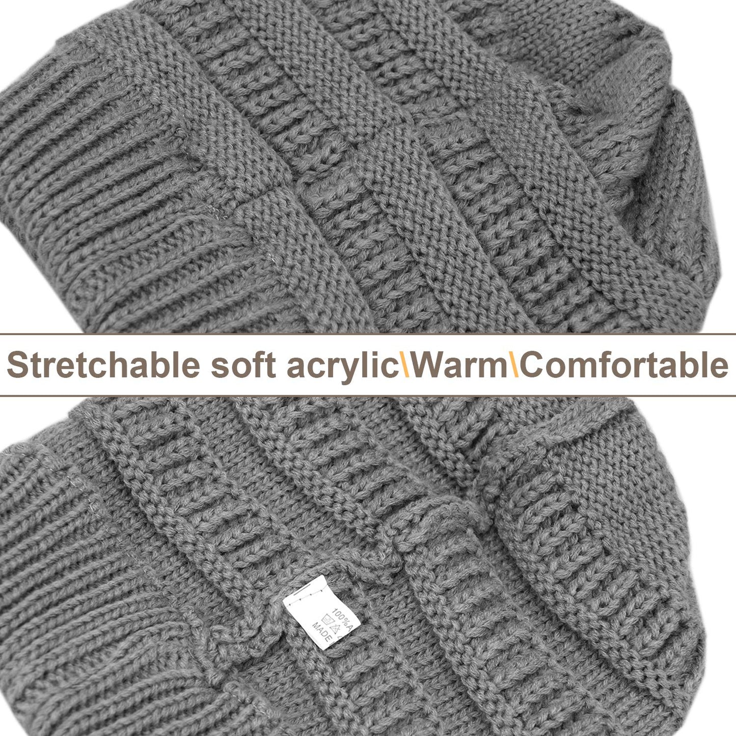 KRATARC Winter Warm Knit Ponytail Hat Beanie Tail Cap for Runner Women Youth Girl (Black & Grey)