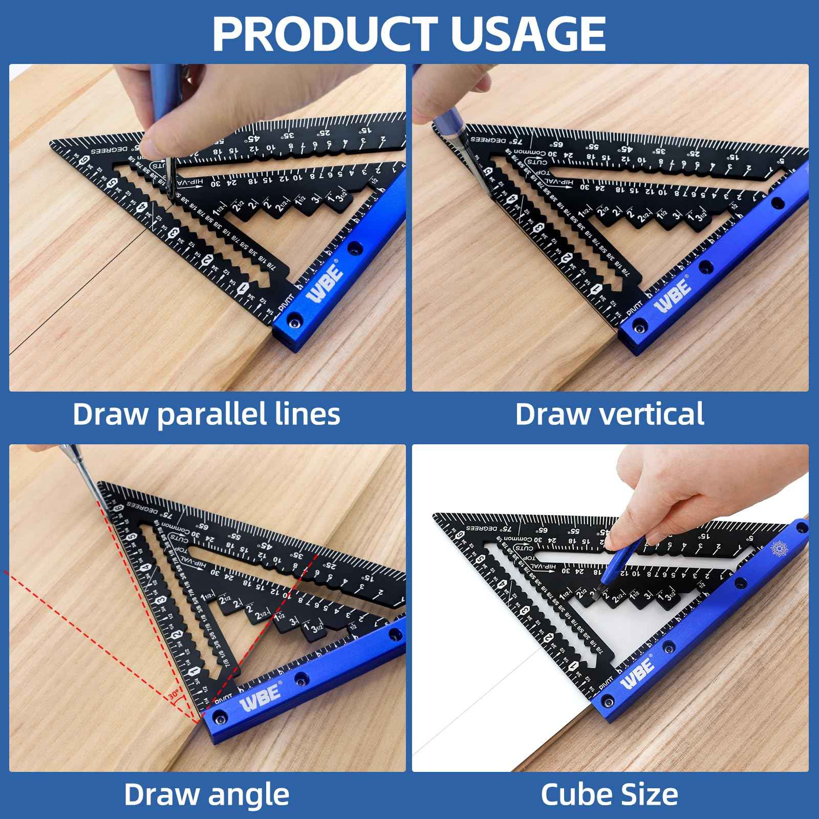 7inch Rafter Square with Carpenter Pencil, 1/8" Precision Heavy Duty Aluminum Woodworking Rule,Laser Etched Scale, Triangle-Ruler Measuring Layout Tool -Blue (Blue & Black)