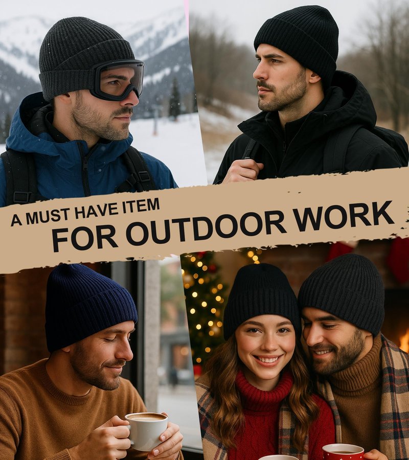 Men Women Merino Wool Beanie Hat Fleece Lined Ski Cap for Cold Weather & Large Heads(Black,XXL)