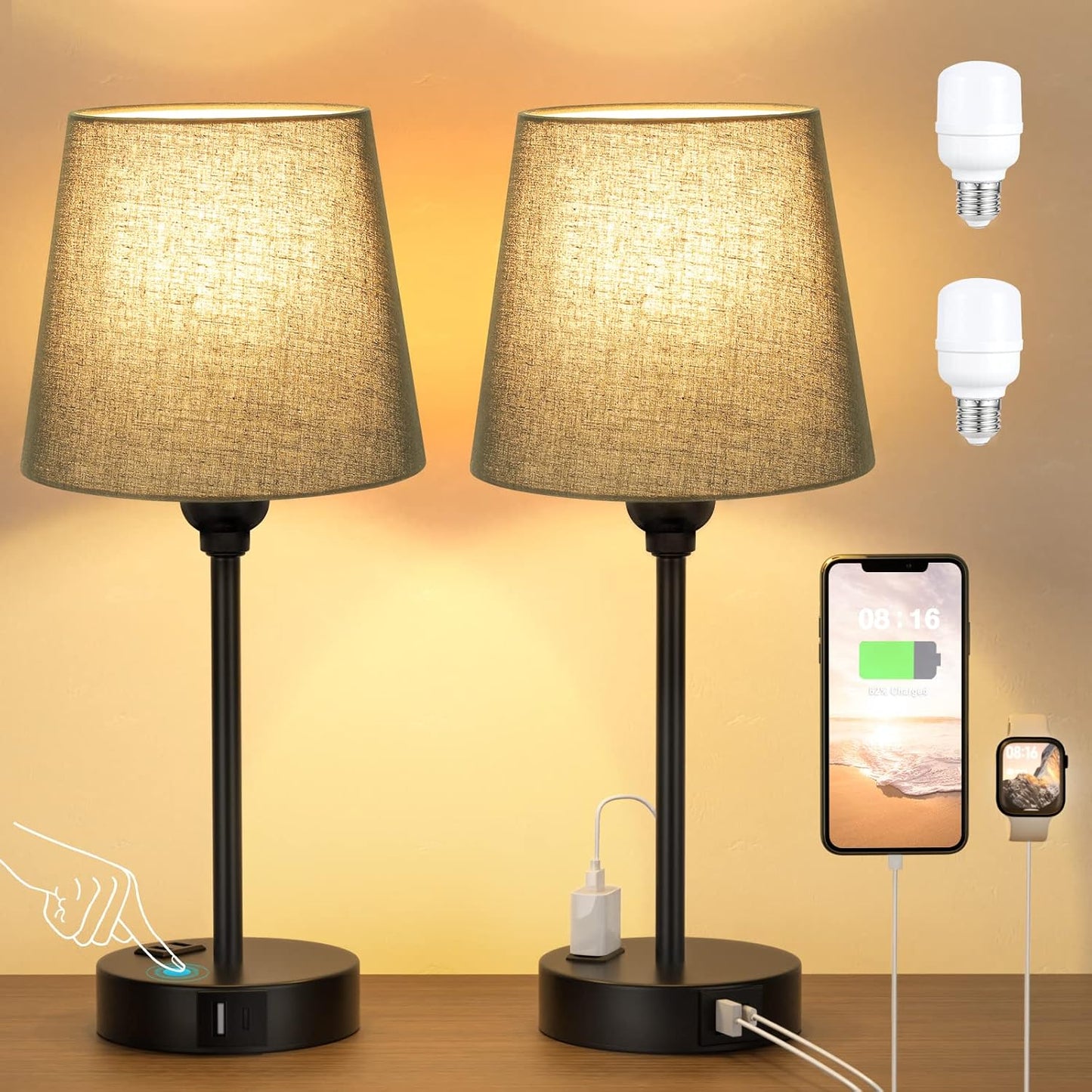 Set of 2 Mini Bedside Lamps with USB-C & AC Outlet - Dimmable Touch Nightstand Lights for Bedrooms