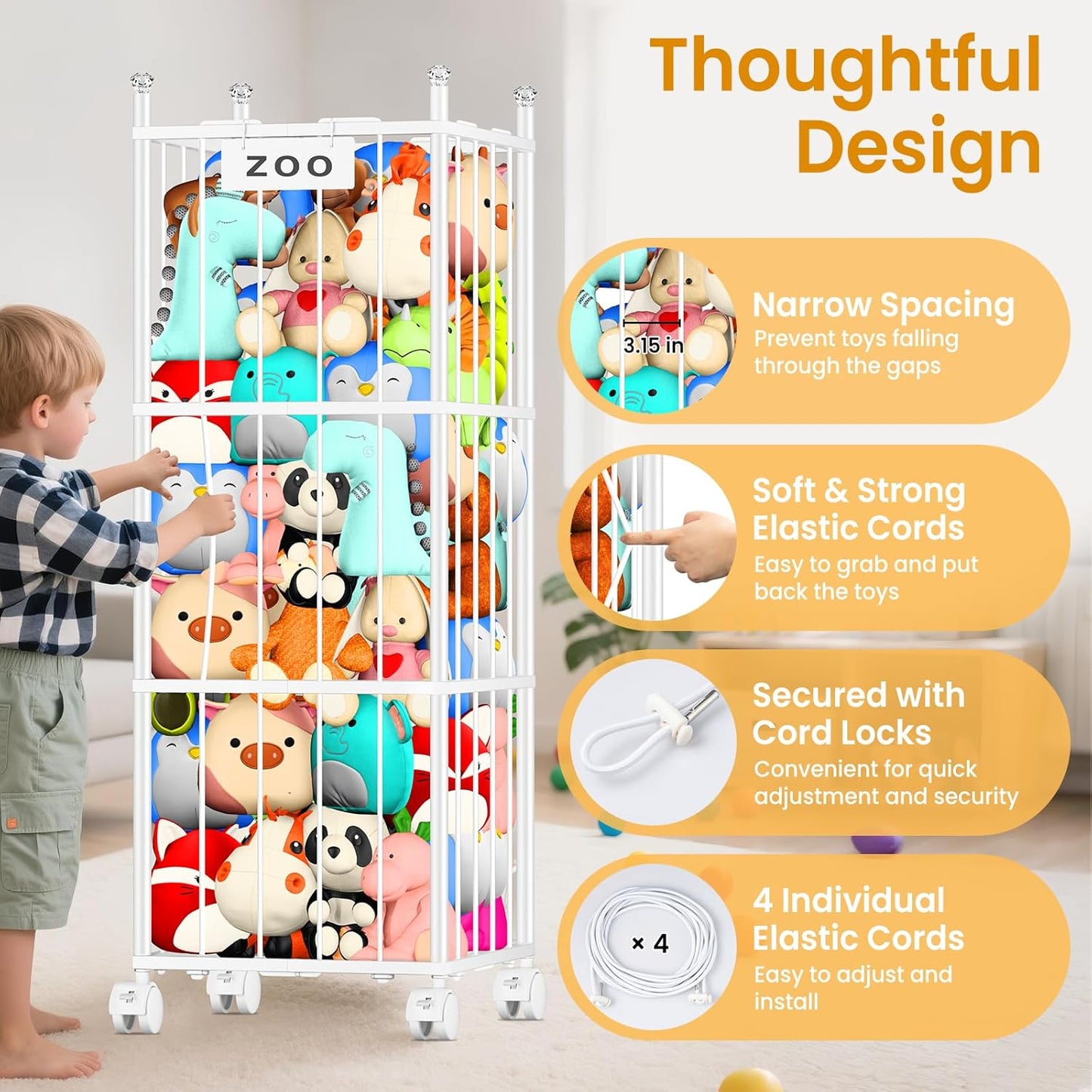 TomCare Extra Large Stuffed Animal Storage - Space-Saving Organizer with 4 Lockable Wheels for Playroom/Bedroom