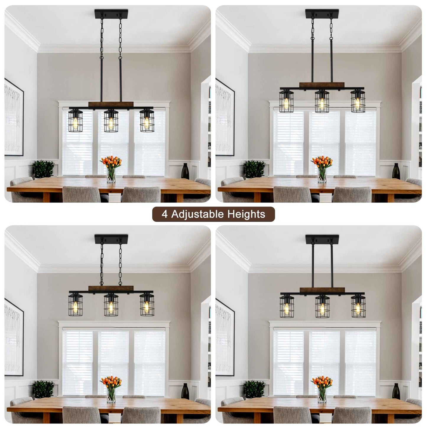 Dining Room Light Fixture/Chandelier Over Table, 23.3-Inch Hanging for Farmhouse Linear Chandeliers,3-Light Kitchen Island Lighting, Black Rustic Wooden Ceiling Chandelier,with Metal lampshade