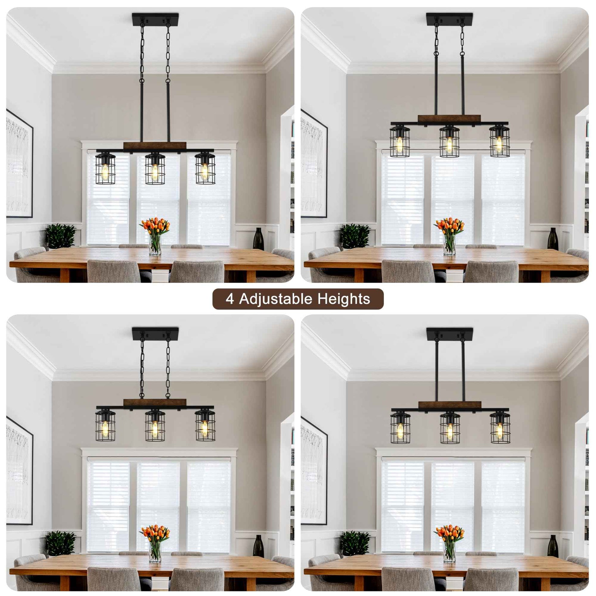 Dining Room Light Fixture/Chandelier Over Table, 23.3-Inch Hanging for Farmhouse Linear Chandeliers,3-Light Kitchen Island Lighting, Black Rustic Wooden Ceiling Chandelier,with Metal lampshade