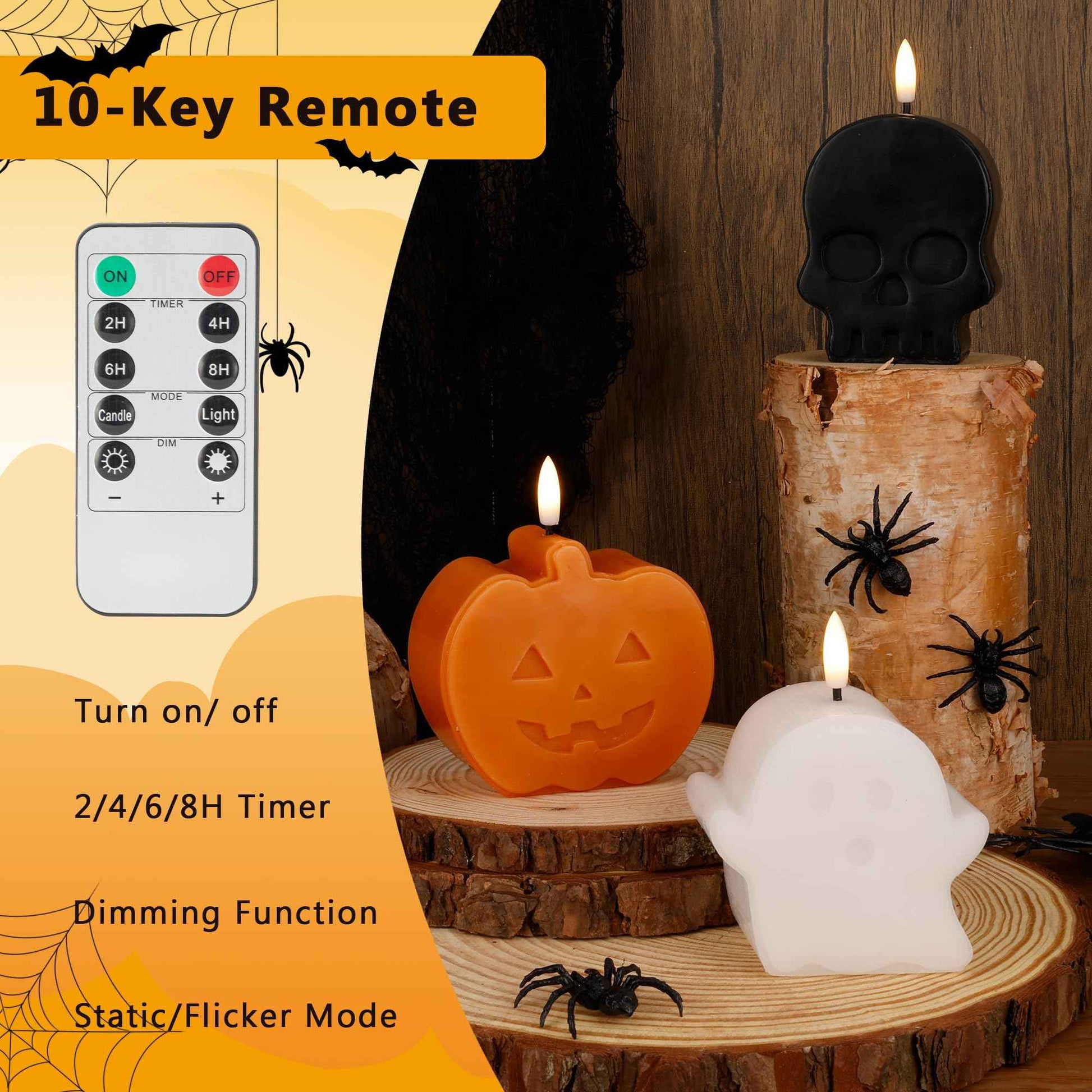 Halloween Flameless Candles with Remote, Real Wax Ghost, Pumpkin, Skull Battery Operated Candles, Flickering LED Fake Candle, Halloween Decorations for Table, fireplace, Home, Party, Festival Decor