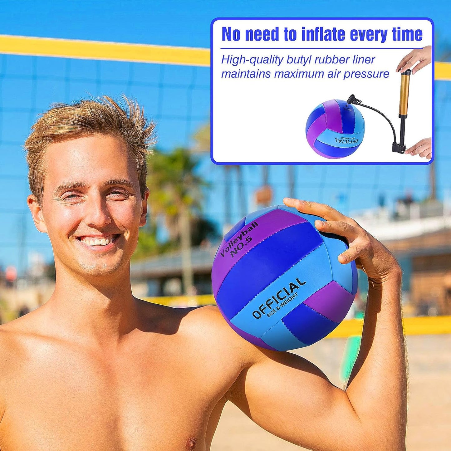 Skiennix Volleyballs - Official Size 5 Soft Recreational Balls with Pump & Net Bag - 6 Pack, Purple/Blue