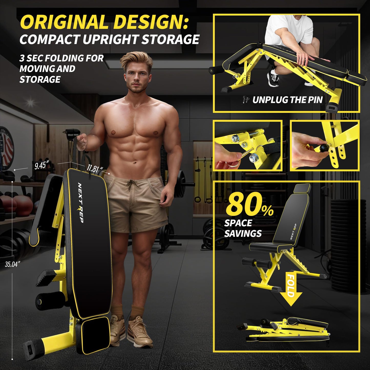 Adjustable Weight Bench,1000 LB Fast Folding Workout Bench for Home Gym Strength Training, Incline Decline Flat Utility Bench Press for Full Body Workout, Upright Storage Yellow Exercise Bench (Yellow)