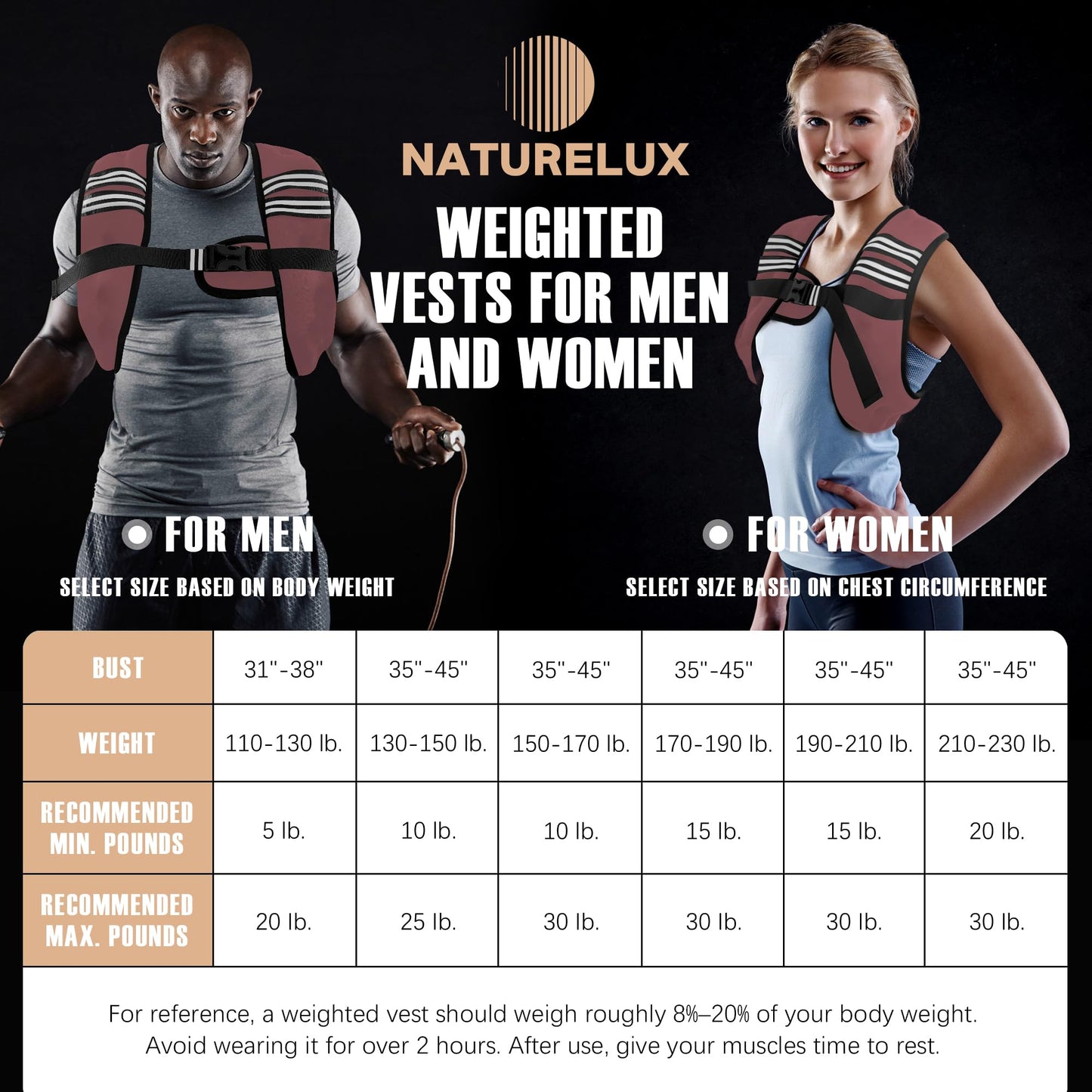NATURELUX Weighted Vest with Reflective Stripe and Adjustable Buckle Straps, Sand Brown, 5 lbs