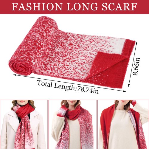 Womens Winter Knit Beanie Hats and Touchscreen Gloves Long Scarf Set with Warm Fleece Lined Skull Caps Scarves for Women Red White
