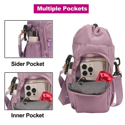 Wongeto Water Bottle Holder with Strap,25oz/40oz/64oz Water Bottle Carrier Sling Bag with Phone Pocket Crossbody Adjustable Shoulder with Hand Strap for Walking(Purple)