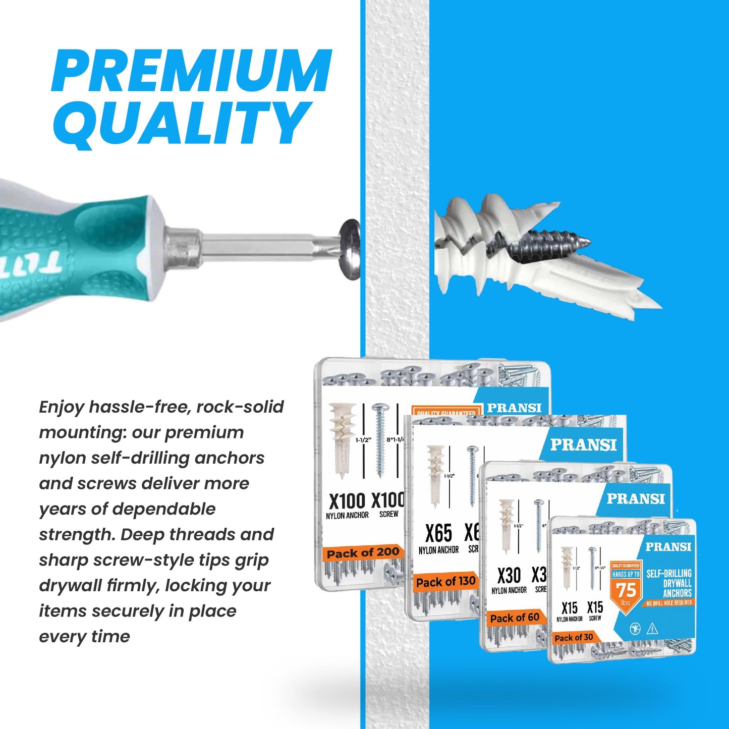 PRANSI 130pcs Drywall Anchors and Screws Kit – #8 x 1-1/4” Self Drilling Anchors – No Pre-Drill Required – Heavy Duty Wall Anchors for Drywall – Holds Up to 75lbs