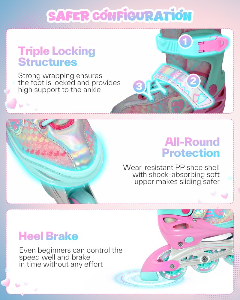 Sportneer Inline Roller Skates, Roller Boots Adjustable Size 2-7.5 with Illuminating Wheels Roller Blades Protective Gear Set for Gilrs Women