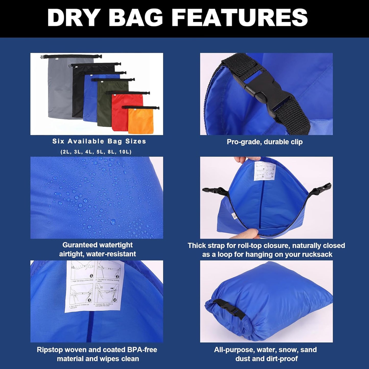 Skiennix Waterproof Dry Bags Set - 6-Pack Ultralight Stuff Sacks for Hiking, Camping & Travel
