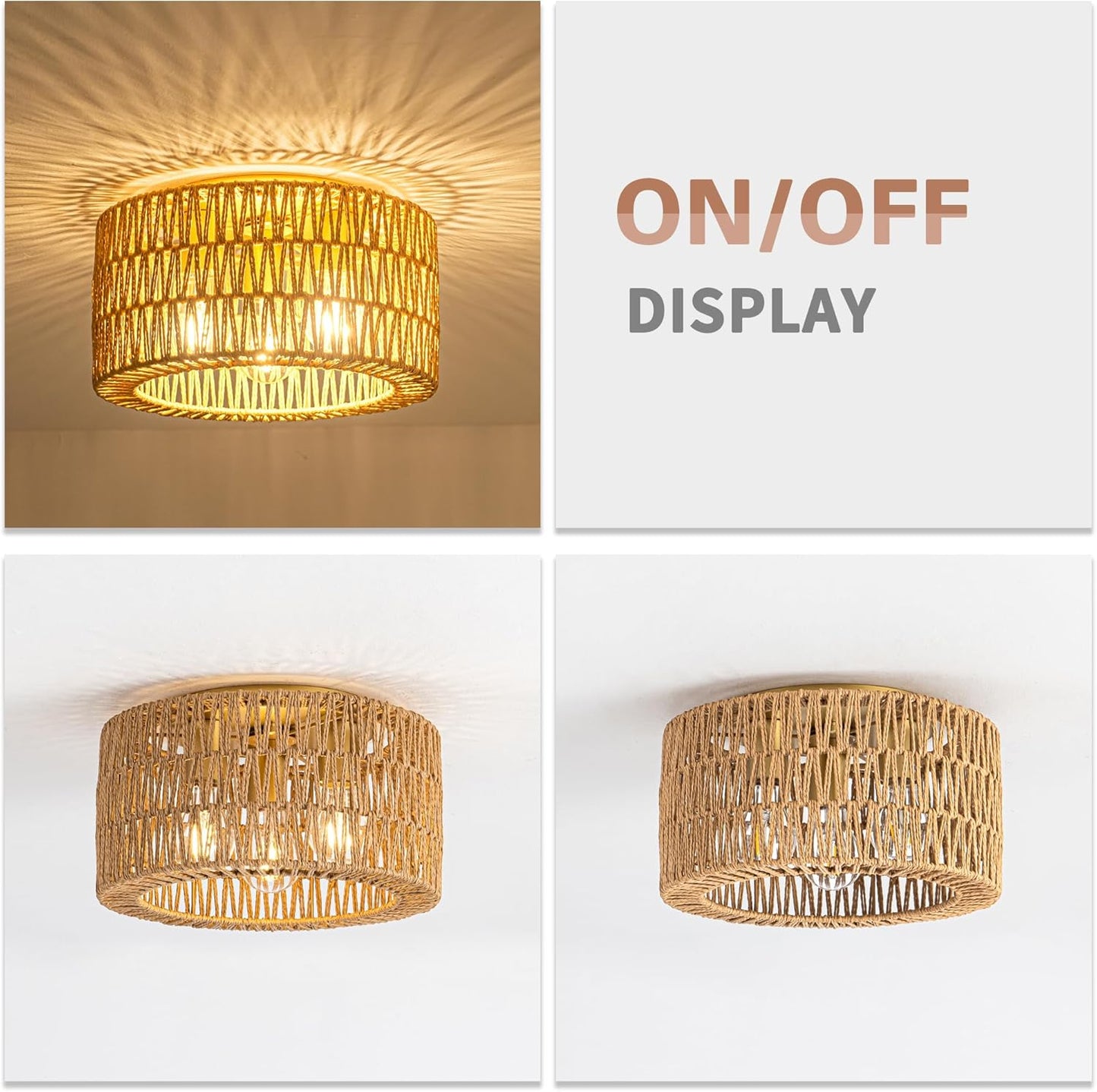 Bohemian Rattan Ceiling Light Fixture - 3-Light Woven Flush Mount for Bedroom & Living Room