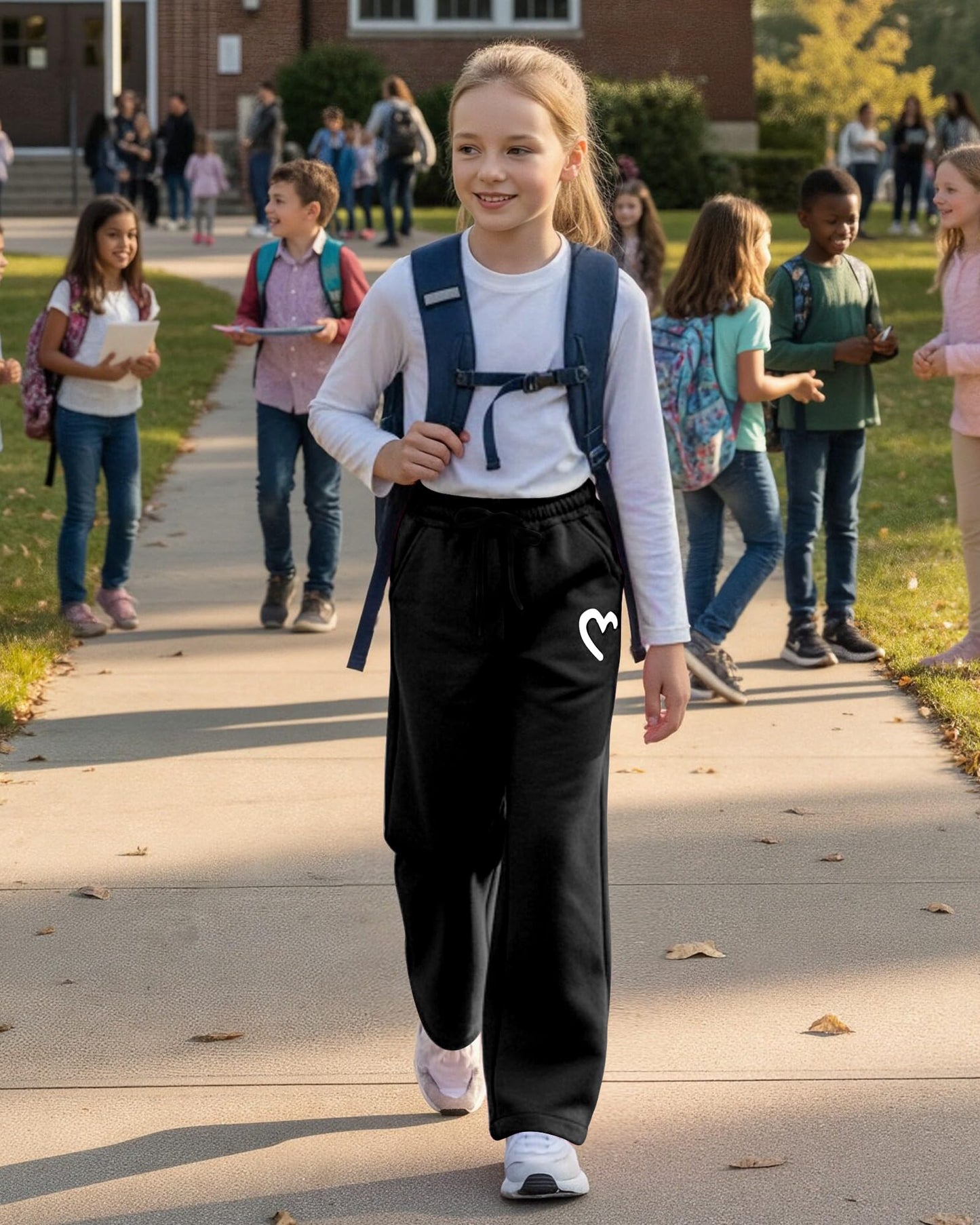 Hvididan Girls Wide Leg Sweatpants Drawstring High Waist Baggy Track Pants Cute Print Sweatpants with Pockets for Teen 5-14Y, Size 11-12 Years Black