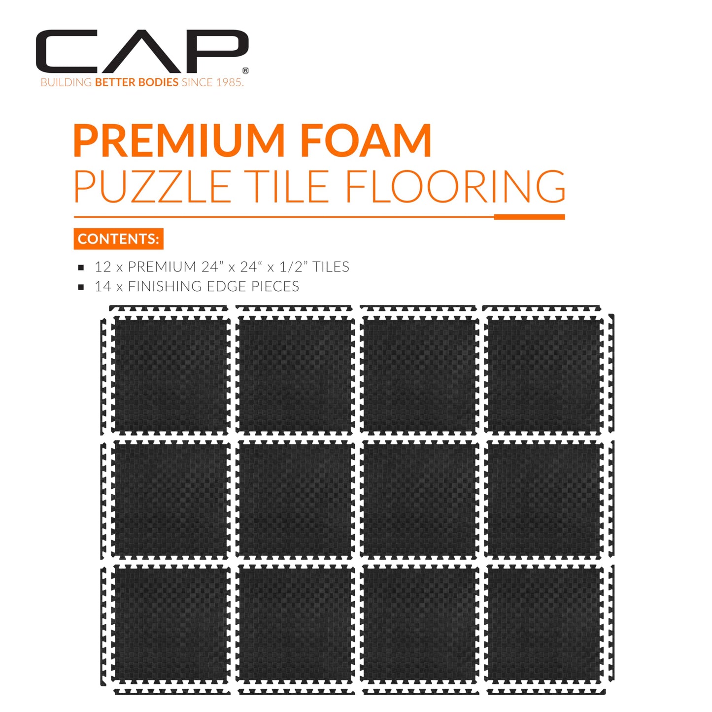 CAP Barbell 1/2-Inch Interlocking EVA Foam Exercise Puzzle Mat Home Gym Flooring - 2 Pack | 24" x 24" x 1/2" | Tatami Pattern - Black