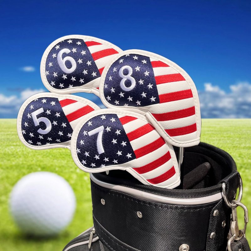 US Flag Golf Iron Covers Premium Leather Iron Head Covers Set Golf Headcovers for Irons #4 5 6 7 8 9 PW SW AW LW Wedge Iron Club Covers fits for Most Brand