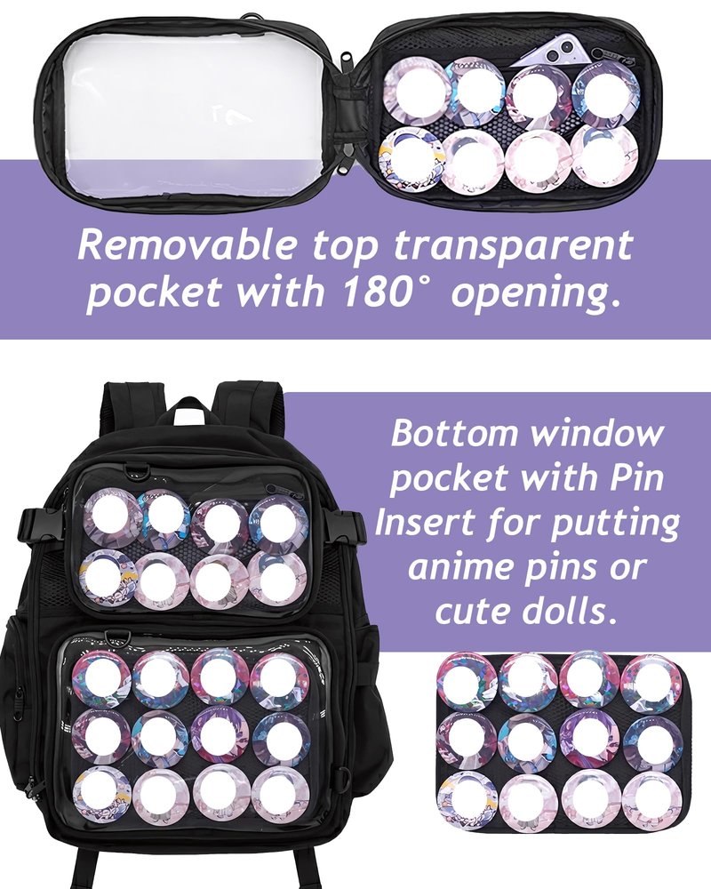 VOUSXLLEZ Ita Bag Backpack Double Window Pins Bag with insert, Backpack for Cosplay and Concert(Pins NOT Included) (Black)