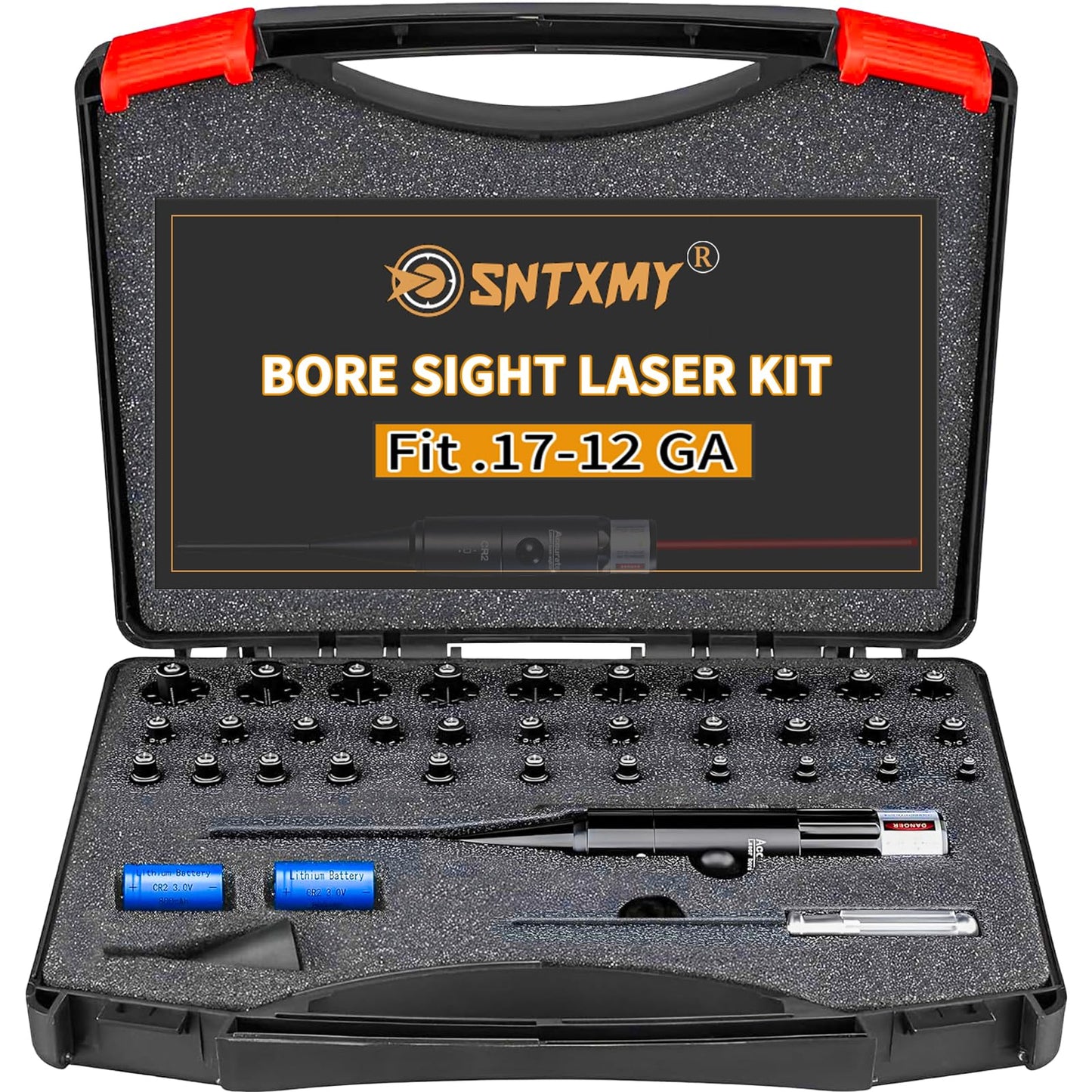 Red Bore Sight Laser Kit,Laser bore sighter with 32 Adapters for .17 HMR to 12GA Calibers.