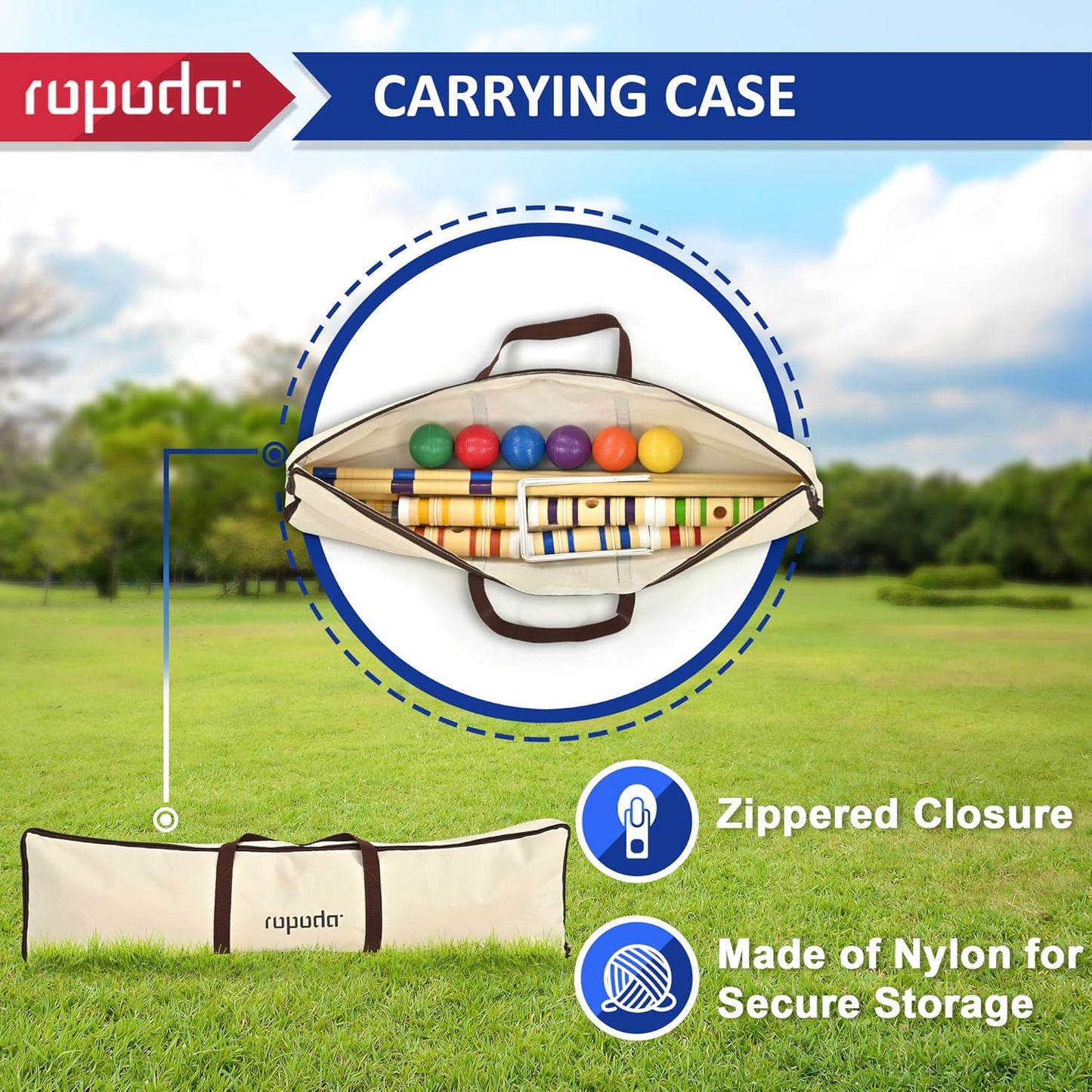 Ropoda 35-Inch Six-Player Croquet Set - Wooden Mallets & Colored Balls | Sturdy Carrying Bag for Lawn & Backyard Fun