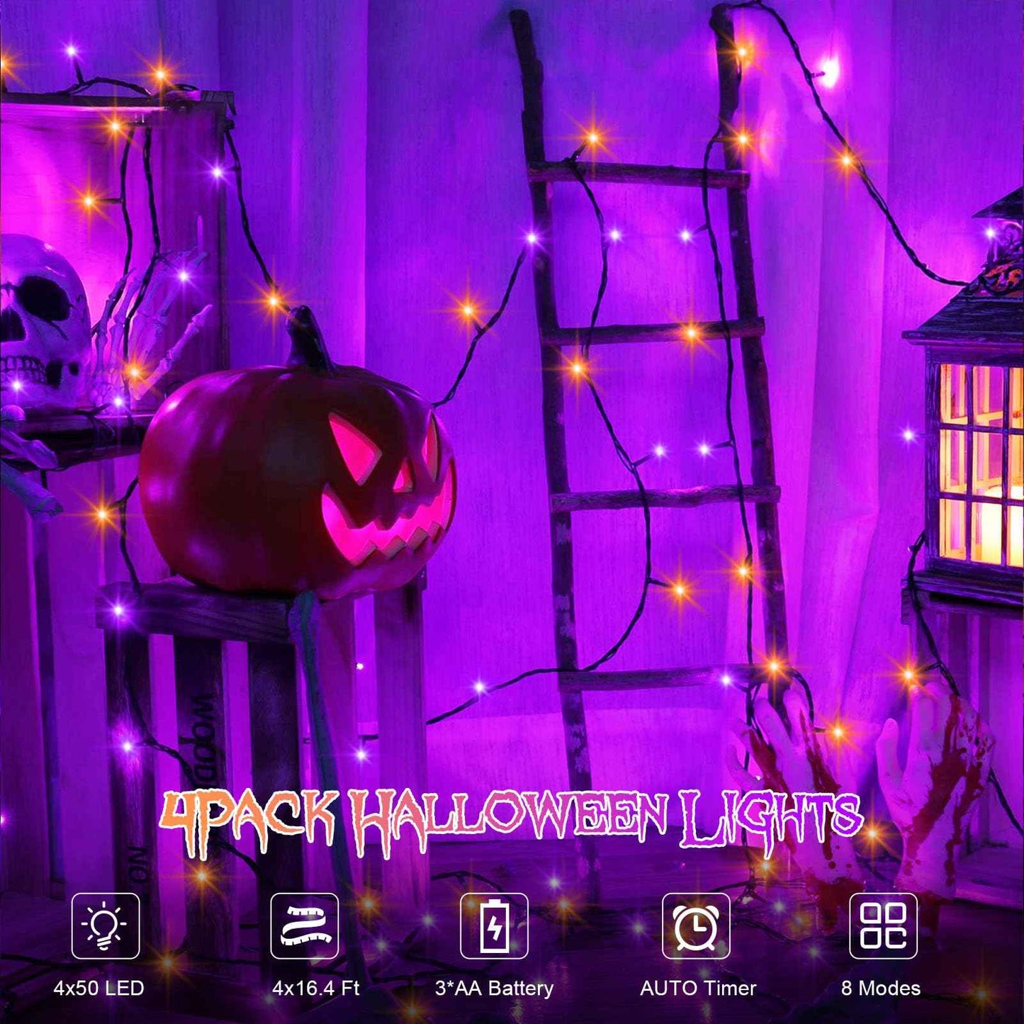 DealBeta 4 Pack Orange Purple Halloween String Lights Battery Operated, Each 16.4Ft 50 LED Indoor Halloween Lights with Timer 8 Modes for Party Yard Patio Decoration
