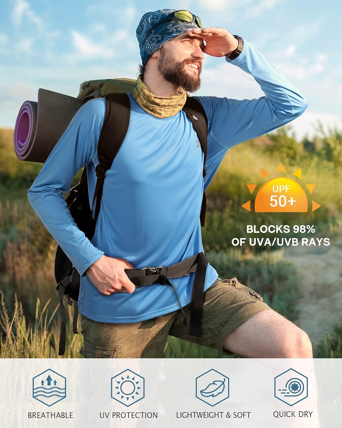 Roadbox UV Sun Protection Shirt - Men's Long Sleeve SPF 50+ Rash Guard for Outdoor Activities