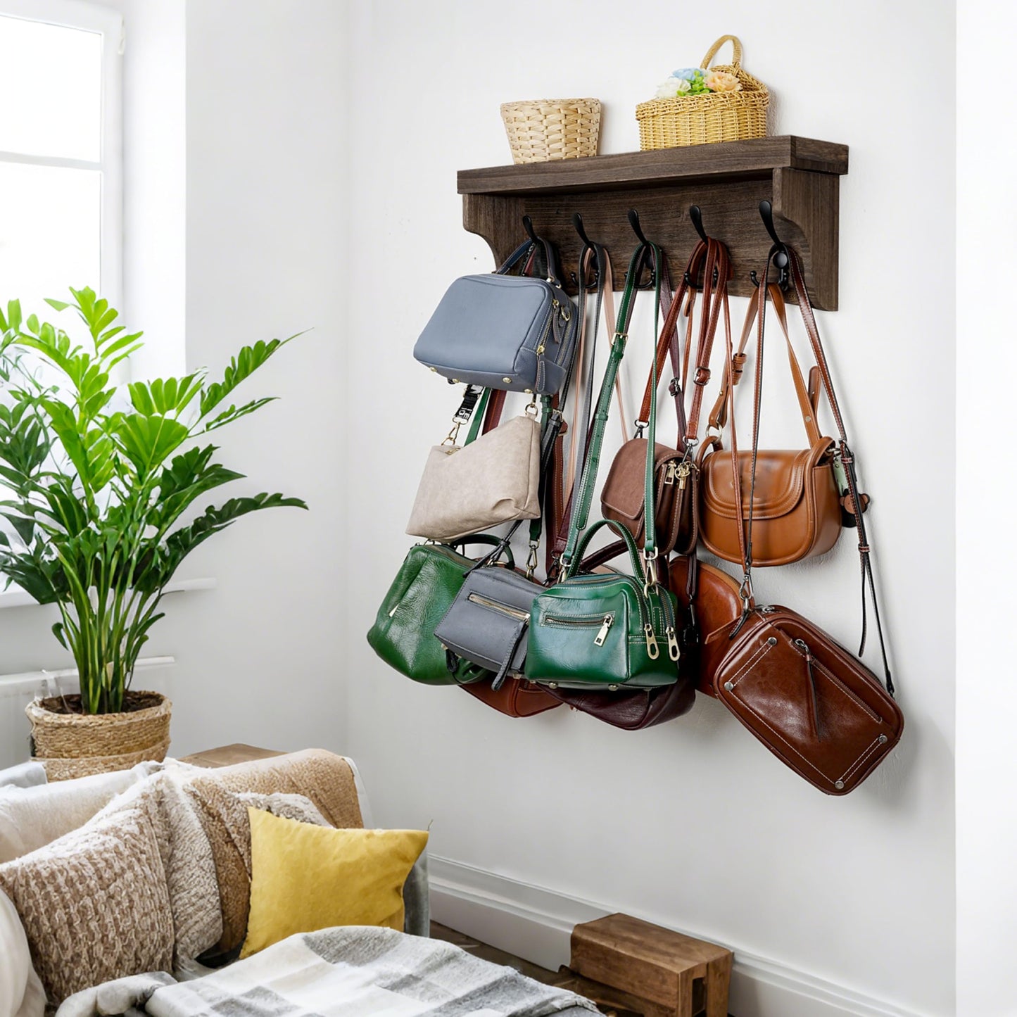 WEBI Rustic Coat Rack Wall Mount with Shelf,24" Long Wall Shelf with Hooks Underneath,5 Triple Hooks for Hanging Jacket,Bathroom,Entryway,Weathered Brown