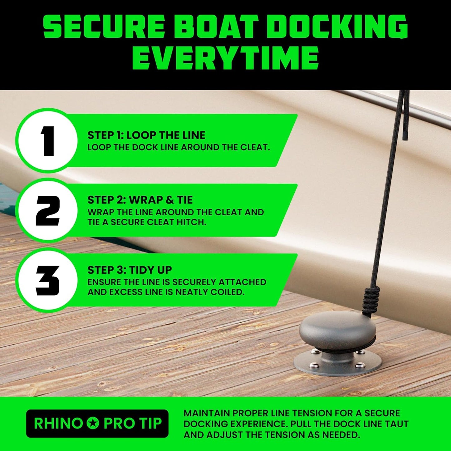 Rhino USA Dock Lines - Heavy Duty 5/8" x 16' Marine Grade Rope for Boats, Kayaks & Pontoons - Black