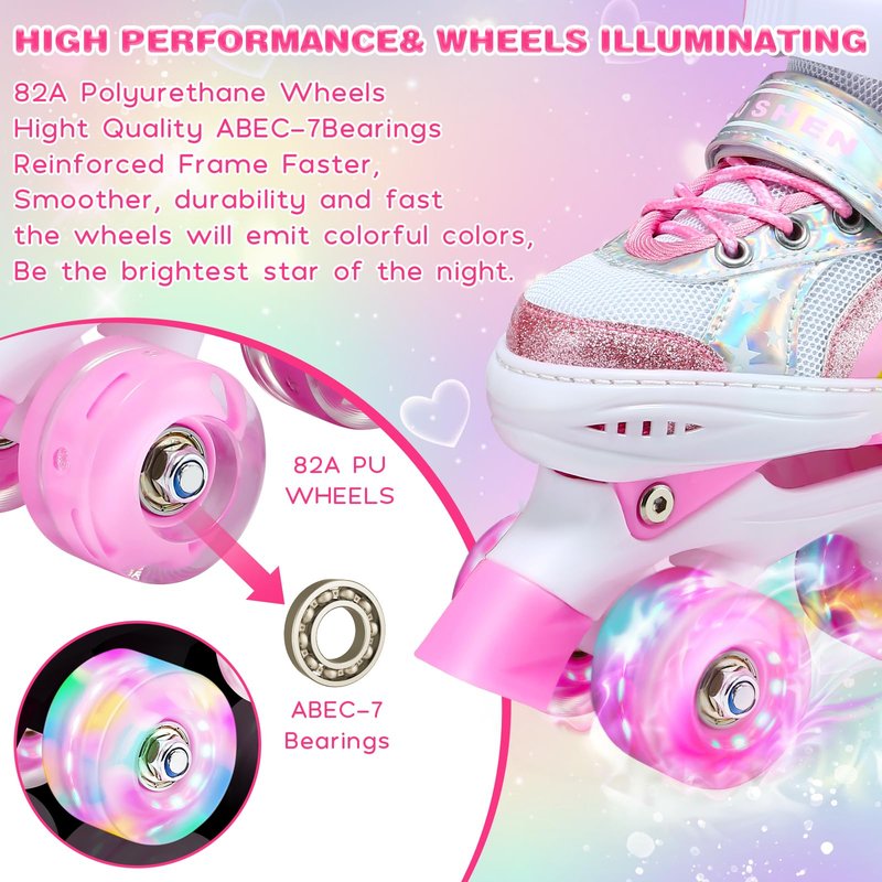 Kids Roller Skates for Girls and Boys, 4 Size Adjustable Rainbow Girls Skates with Light Up Wheels, Toddler Skates for Boys, Beginner Kids Roller Skates Indoor Outdoor