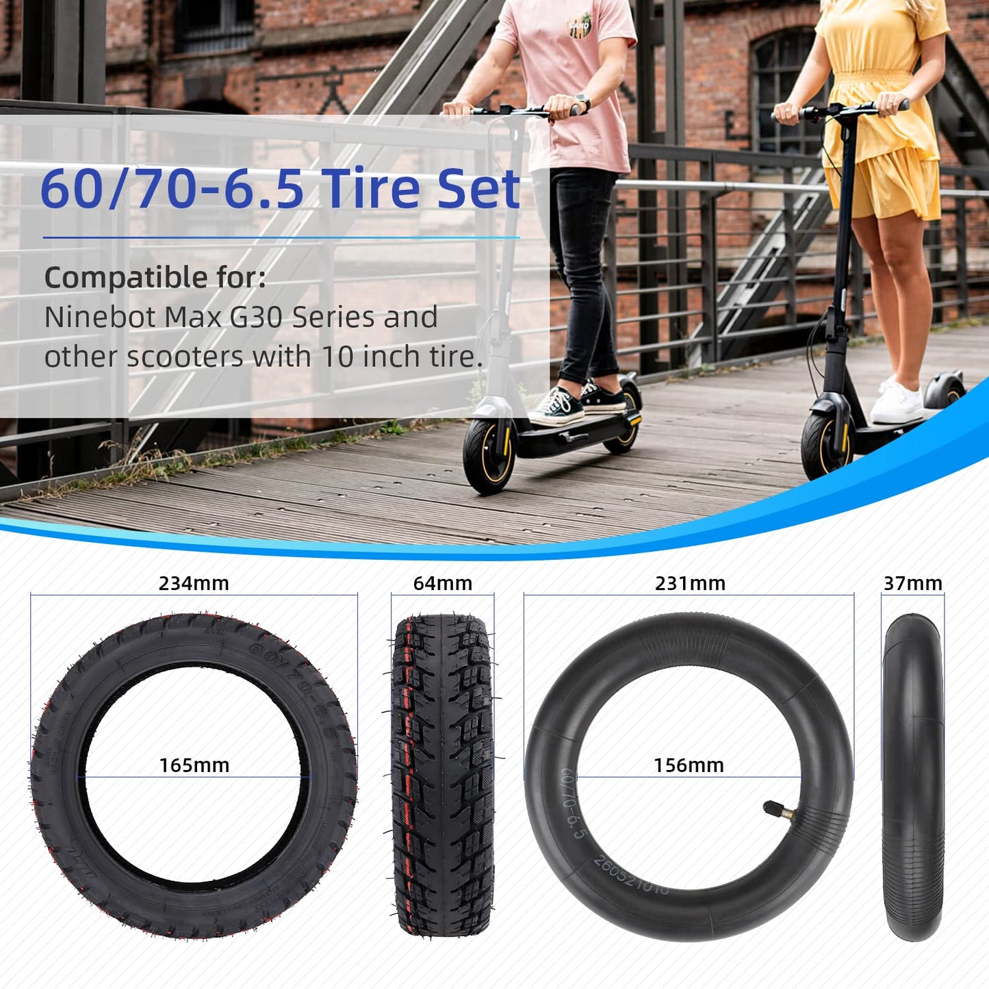 ulip 60/70-6.5 Scooter Tires with Inner Tube Pneumatic 10 Inch Tire Replacement Straight Vavle for Ninebot Max G30 G30D G30LP (2 Tires and 2 inner tubes)