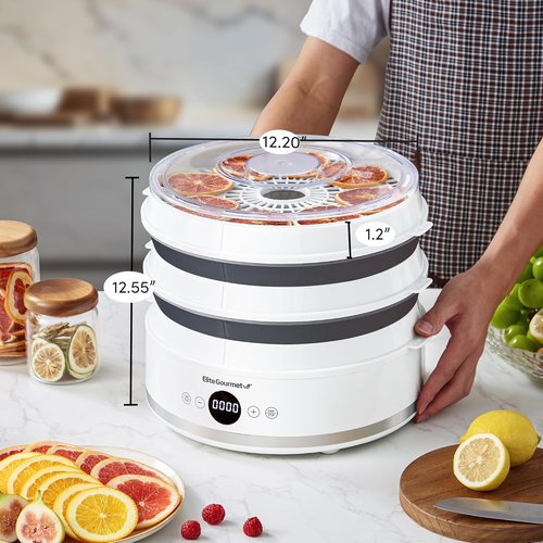 Elite Gourmet Digital Food Dehydrator - 5 BPA-Free SlimStore™ Trays, Adjustable Timer & Temperature, Compact Design, White