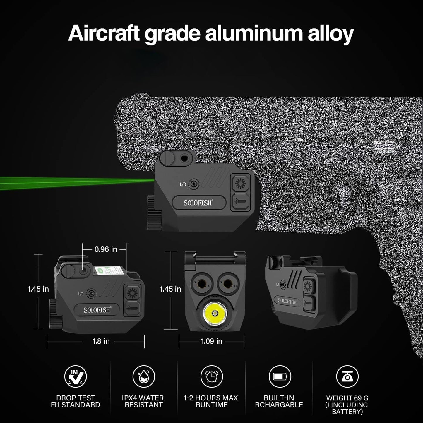 SOLOFISH Pistol Light - 500lm Rechargeable Aluminum Weapon Light with Purple/IR/Green Beam Combo