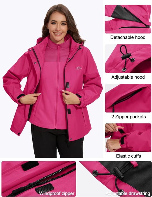 MAGCOMSEN Women's 3-in-1 Ski Jacket - Water Resistant, Warm Fleece Lined, Windproof | Ideal for Winter Hiking