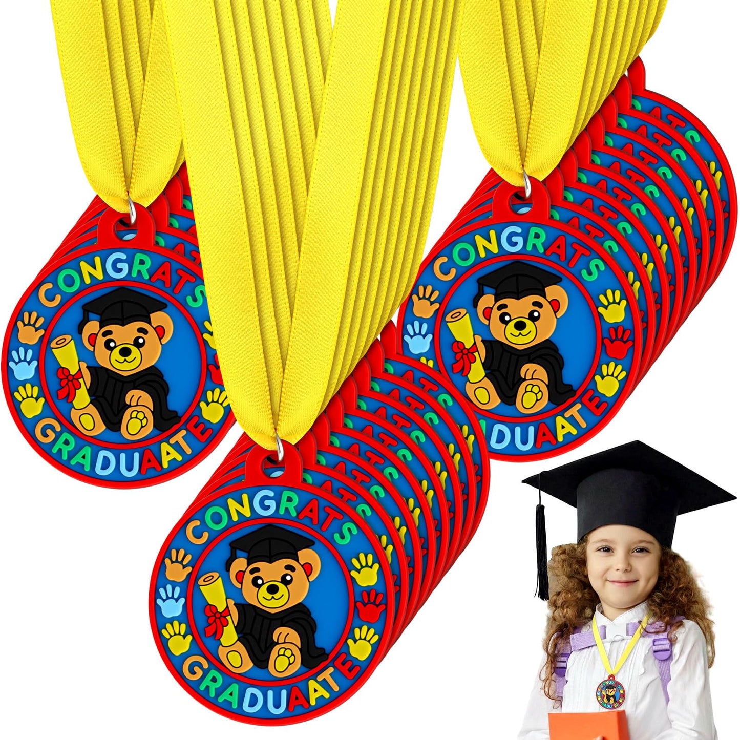 Sratte 24 Pcs Kindergarten Prek Preschool Graduation Medals for Kids, Bulk Kinder Pre-k Graduation Gifts with Yellow Ribbon, End of Year Student Gifts Party Favors Supplies, 2 Inch (Bear Graduate)
